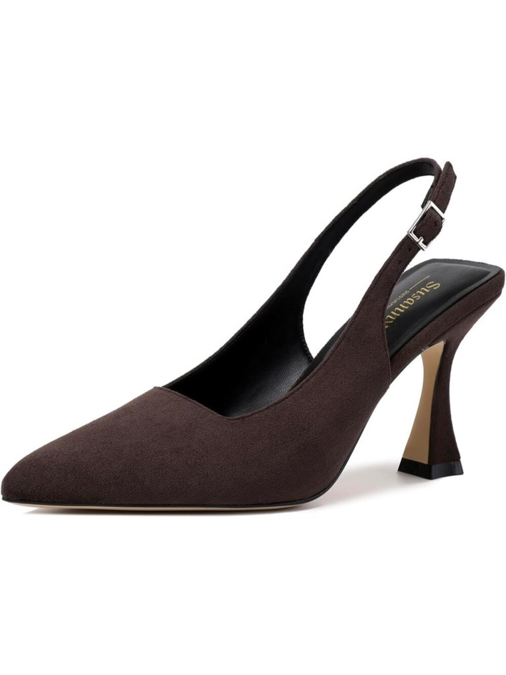 Womens Chocolate Brown Slingback Kitten Pump Closed Pointy Toe Chunky Heel Shoes